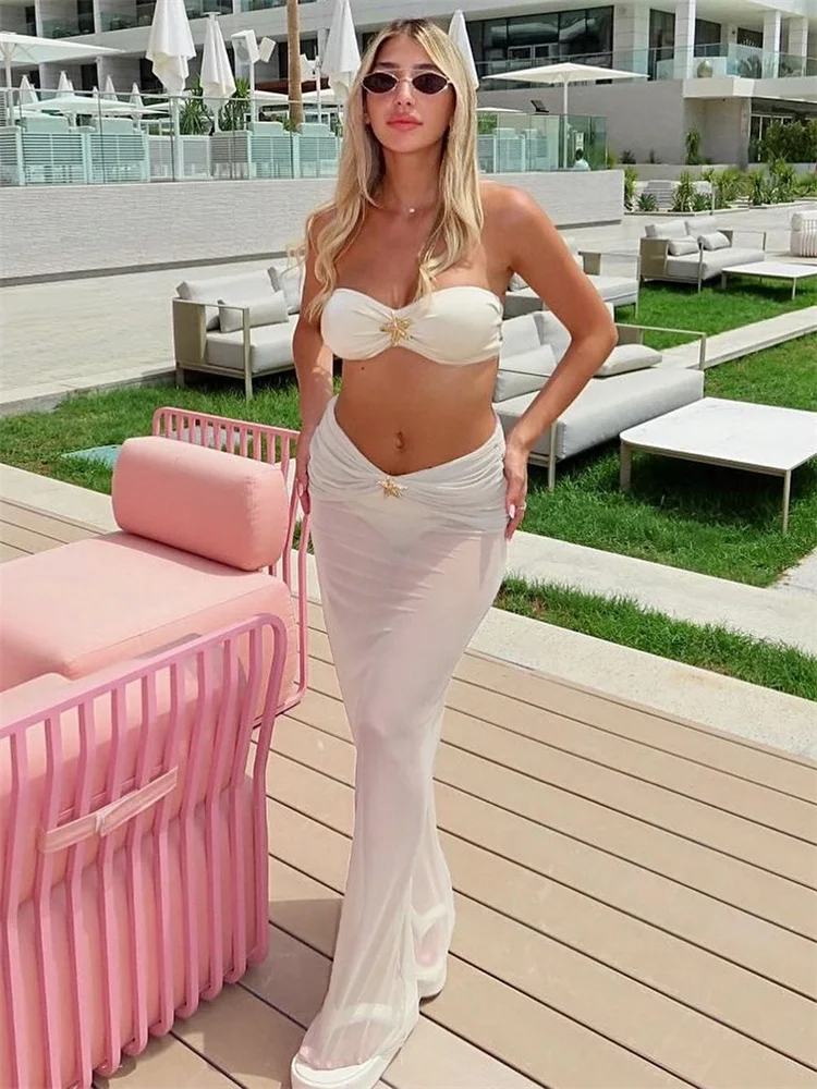 

Female 2 Piece-Set Beach Holiday Long Skirt Casual Patchwork Sexy Backless Bikini Swimwear Outfits Women's Maxi Skirt Sets
