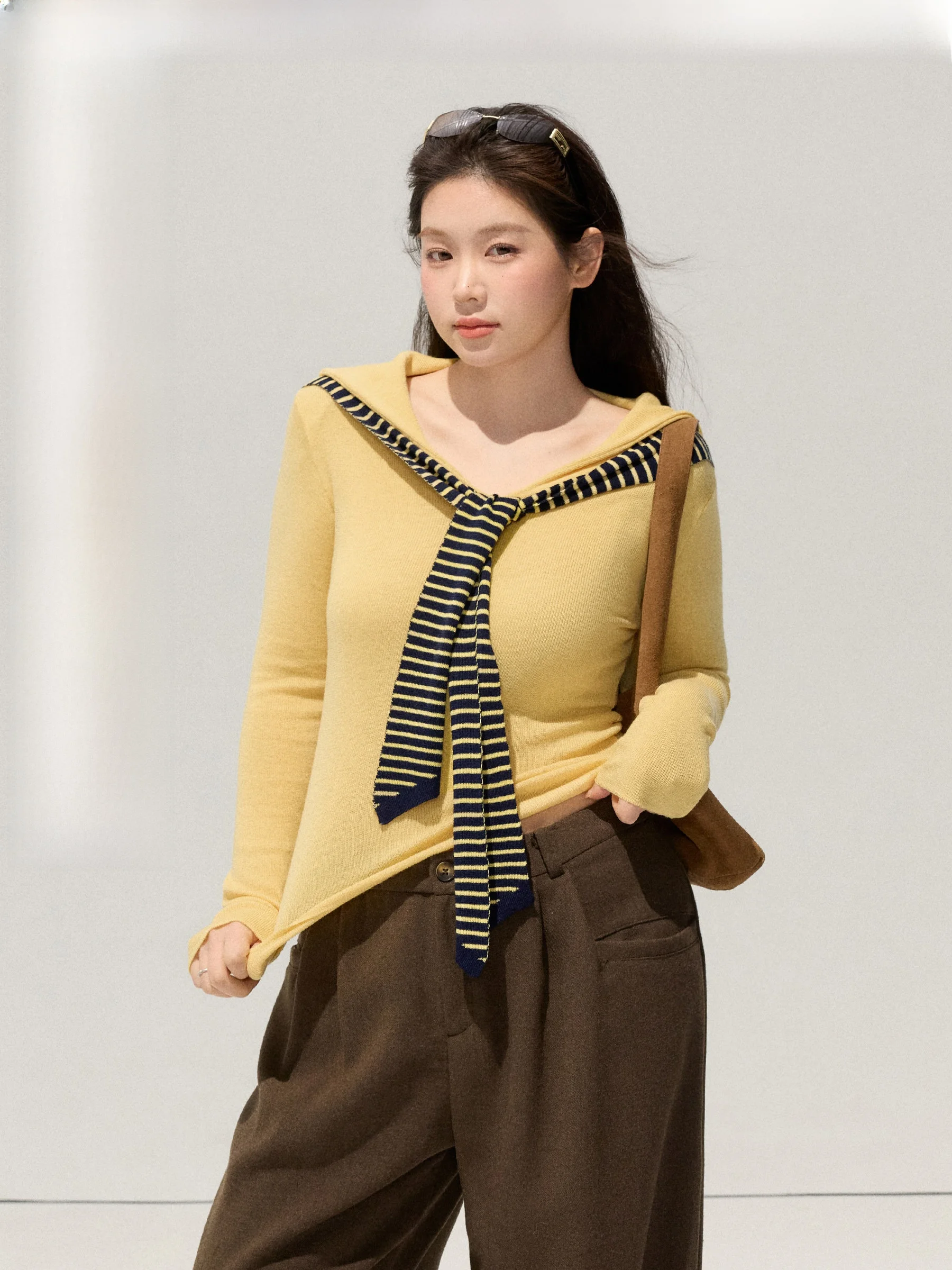 

Jiulu Studio "Yan Yang Tian" plus Size Striped oulder Wrap V-Ne Waist-Cinched Knit Top for Plump Women Spring Faion