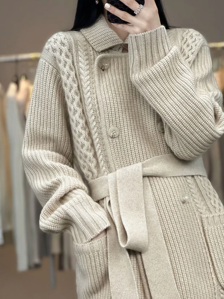 Beige Longline Cable Knit Cardigan Coat Korean Duster Women Slouchy Loungewear Jacket with Ribbed Versatile Layering Essential