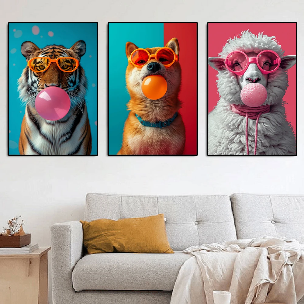 1pc frameless Canvas Painting Cute Monkey Lowing Bubbles Portrait Canvas Painting Funny Animal Tiger Watercolor Poster Nursery W