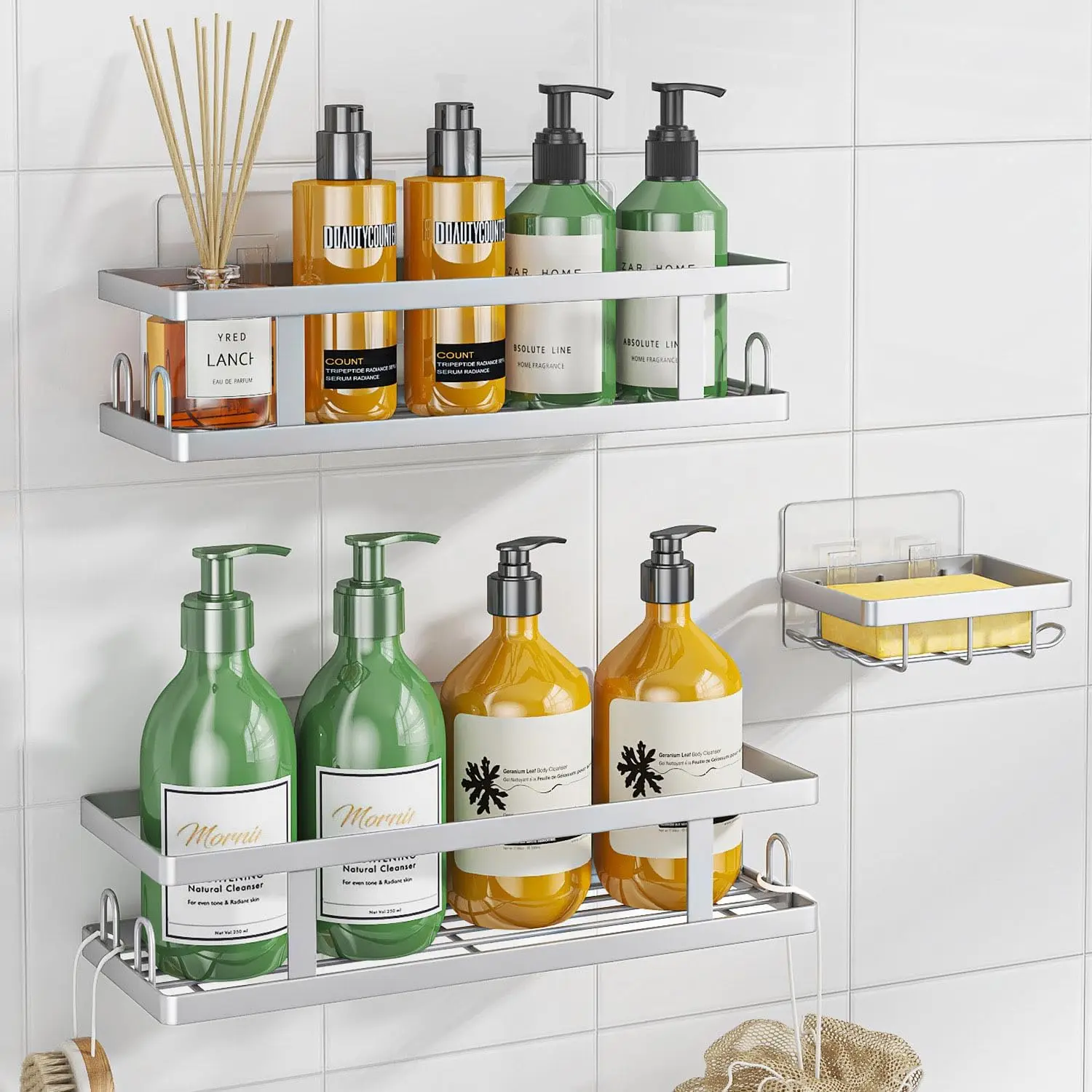 

Набор из 3-х антикоррозийных держателей для душа с мыльницей и 12 крючками, органайзер для ванной без сверления, серебристый