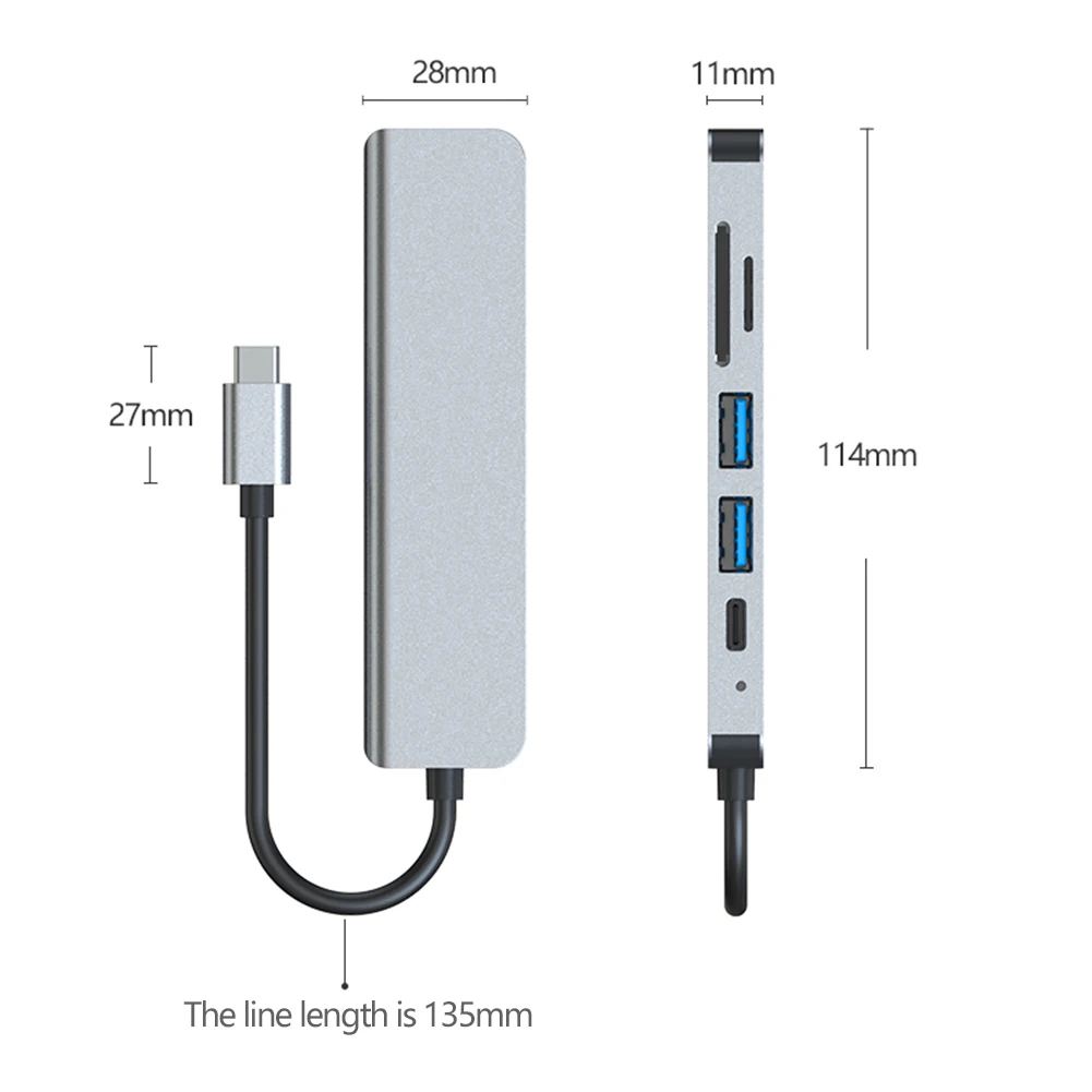 Концентратор USB C 6 в 1 100 Вт PD 4K HDMI-совместимый USB C-ключ USB 3.0 USB 2.0 USB-разветвитель для ноутбуков USB C и других устройств типа C