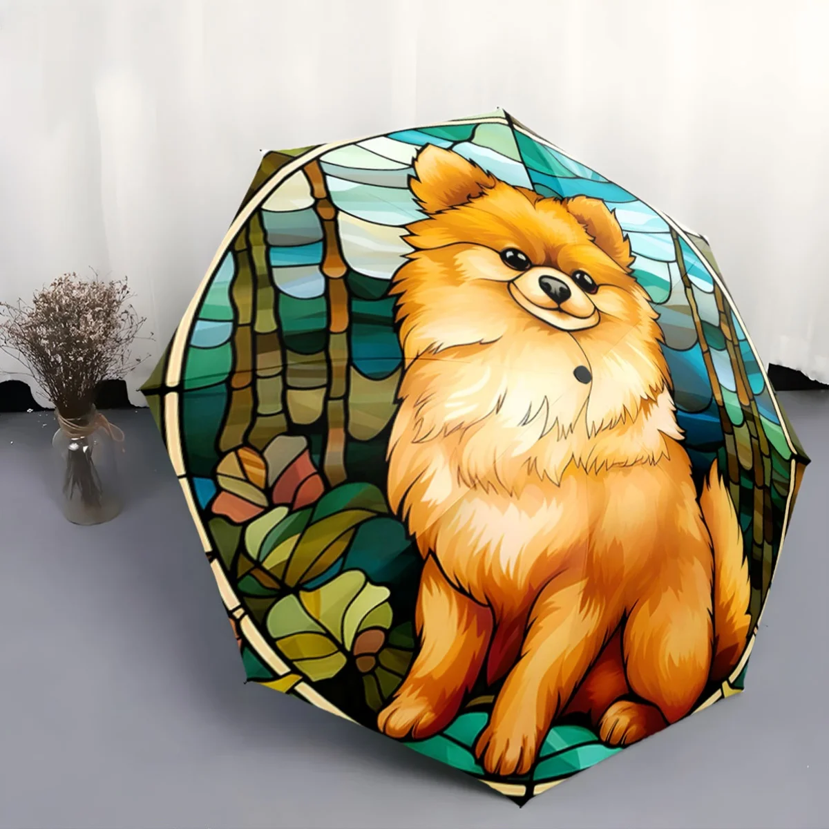 

Automatic Open/Close Umbrella with Cute Pomeranian Dog - Compact Folding Umbrella, Portable Collapsible Design, Sturdy 8-Rib S