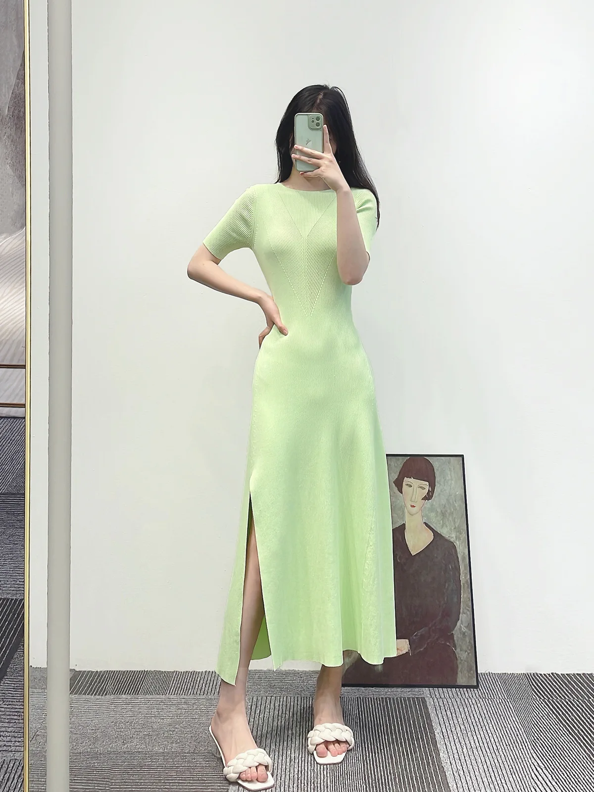 

Women Green Knitted Robe Lace-up Backless O-Neck Short Sleeve Side Slit Elegant Spring 2024 Midi Dress