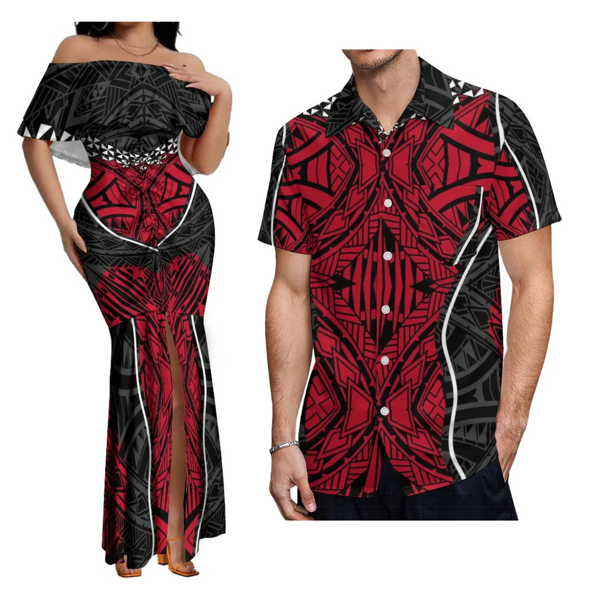 Summer Women\'S Split-Shoulder Fishtail Dress Polynesian Tribal Print Women\'S Dress And Men\'S Aloha Shirt Matching Suit