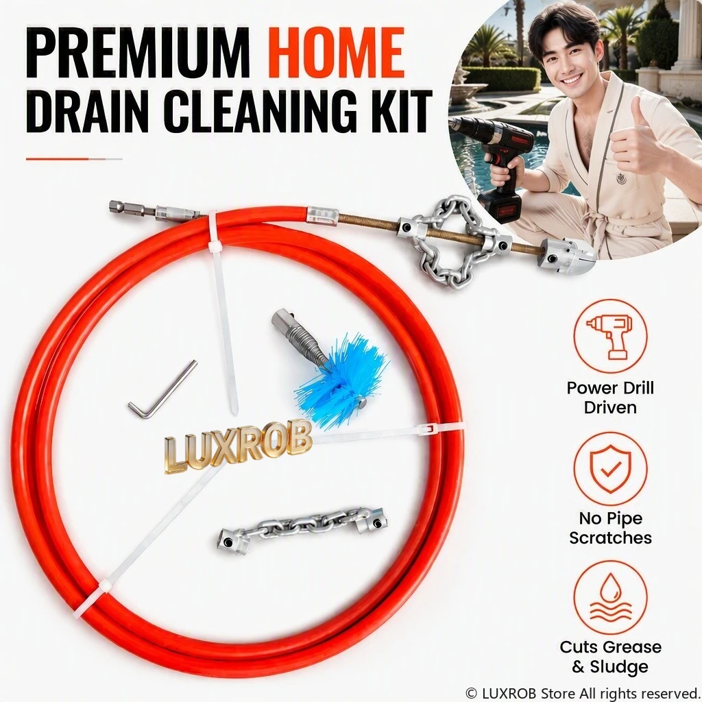 Drain Cleaning Kit 6mm Copper Plated Flexible Shaft G80 Manganese Steel Chain, Drill Driven Sewer Pipe Unclogger for Home Drain