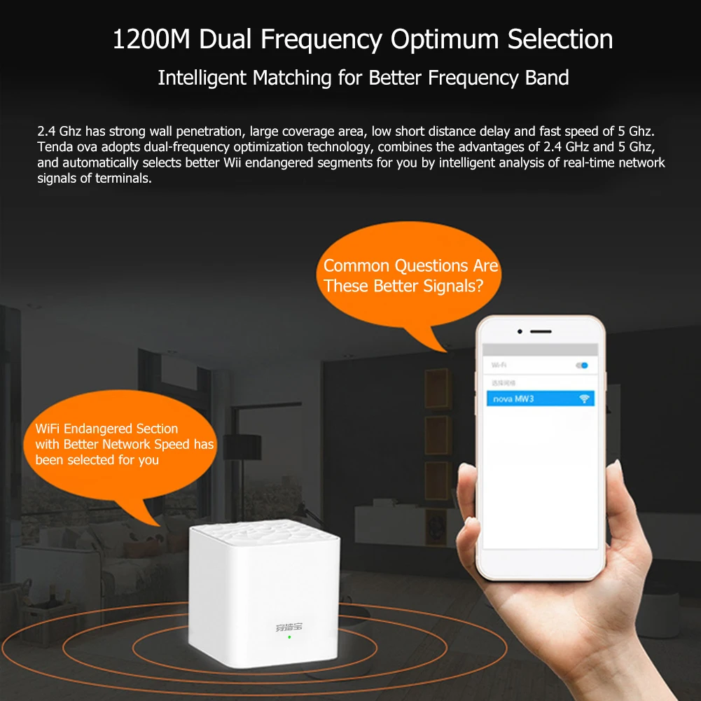 Tenda Nova MW3 Wifi Router AC1200 Dual-Band for Whole Home Wifi Coverage Mesh WiFi System Wireless Bridge, APP Remote Manage