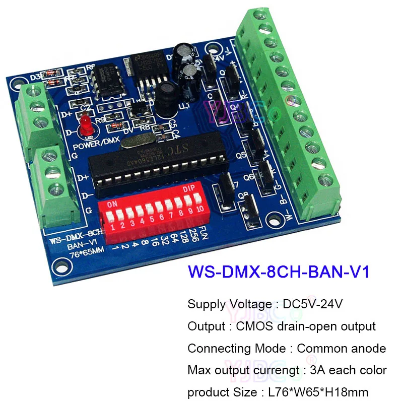 5V 12V 24V 8 Channels DMX512 Decoder 8CH DMX Controller Board 2 Groups RGBW LED Strip Light Tape Module Dimmer WS-DMX-8CH-BAN-V1