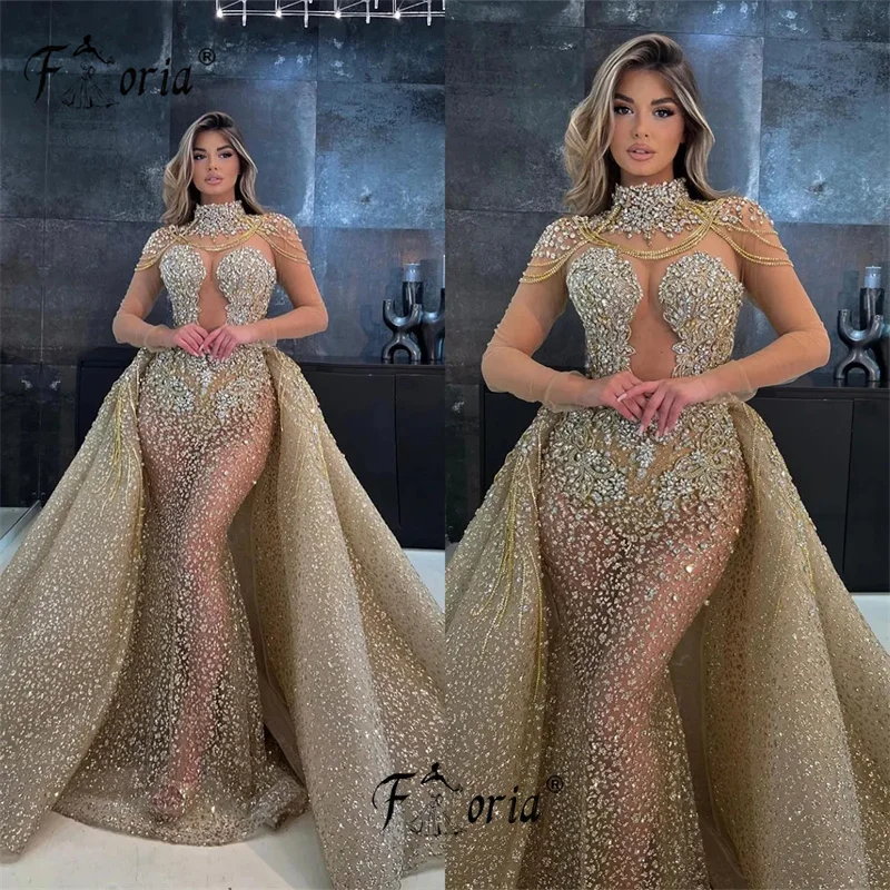 Glamorous Mermaid Prom Dresses High Neck Shining Applicant Lace Beads Hollow Chain Detachable Train Custom Made Plus Size Party