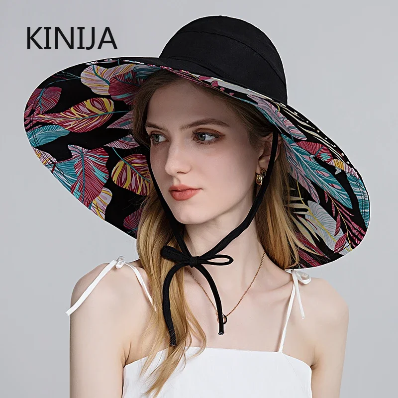 Summer wide large brim Sun Hat With Printing Adjustable Big Heads Beach Hat UV Protection Packable Sun Bandage Visor Hat