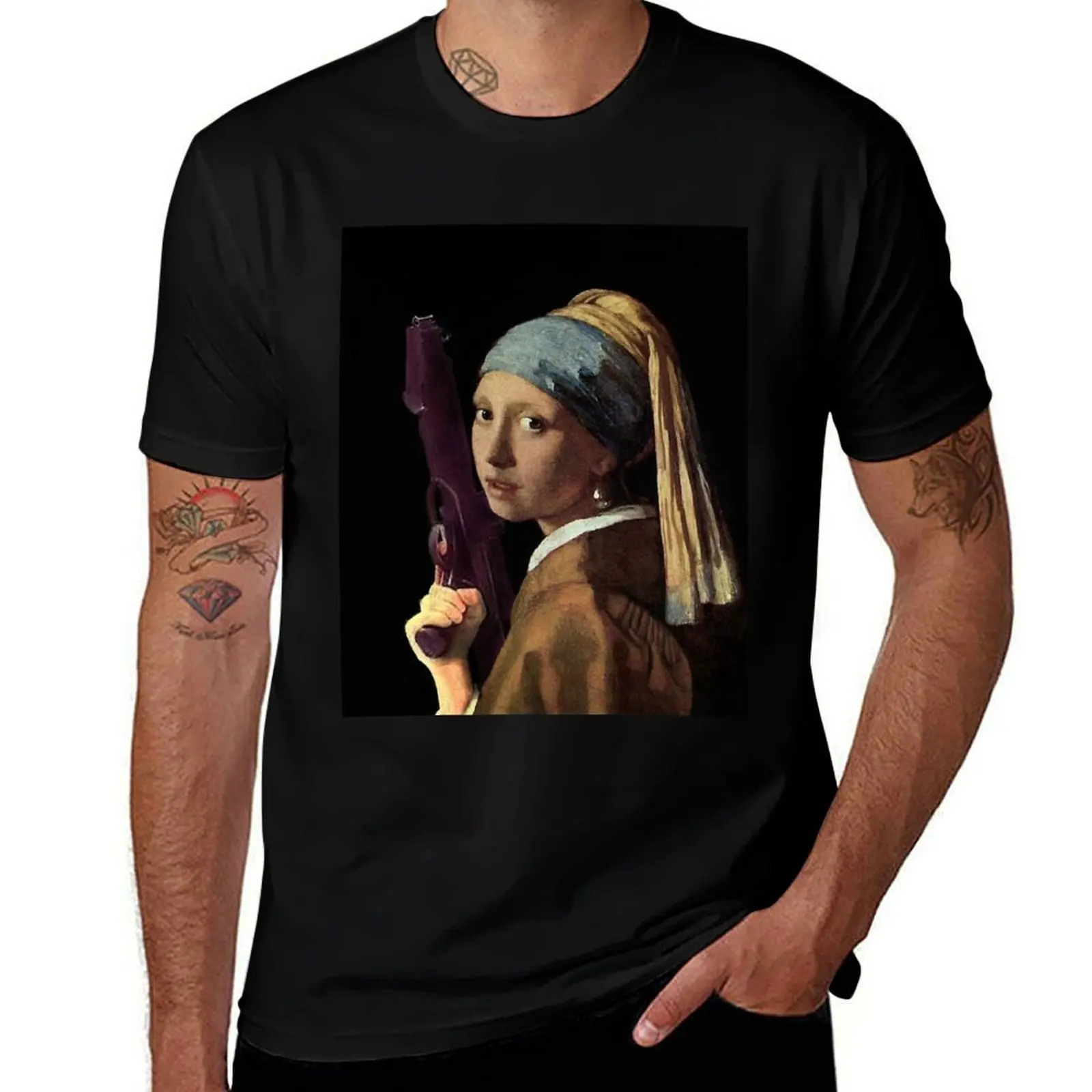 Girl with a Pearl Earring holding a Ray gun - Funny Vermeer mashup T-Shirt Vintage Style Printed Top