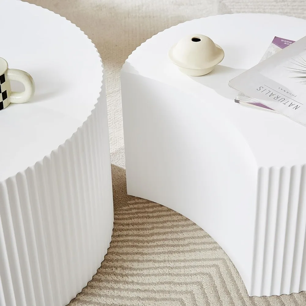 طاولة القهوة المتداخلة الفاخرة الحديثة، طاولات طبلة دائرية خشبية بيضاء لغرفة المعيشة