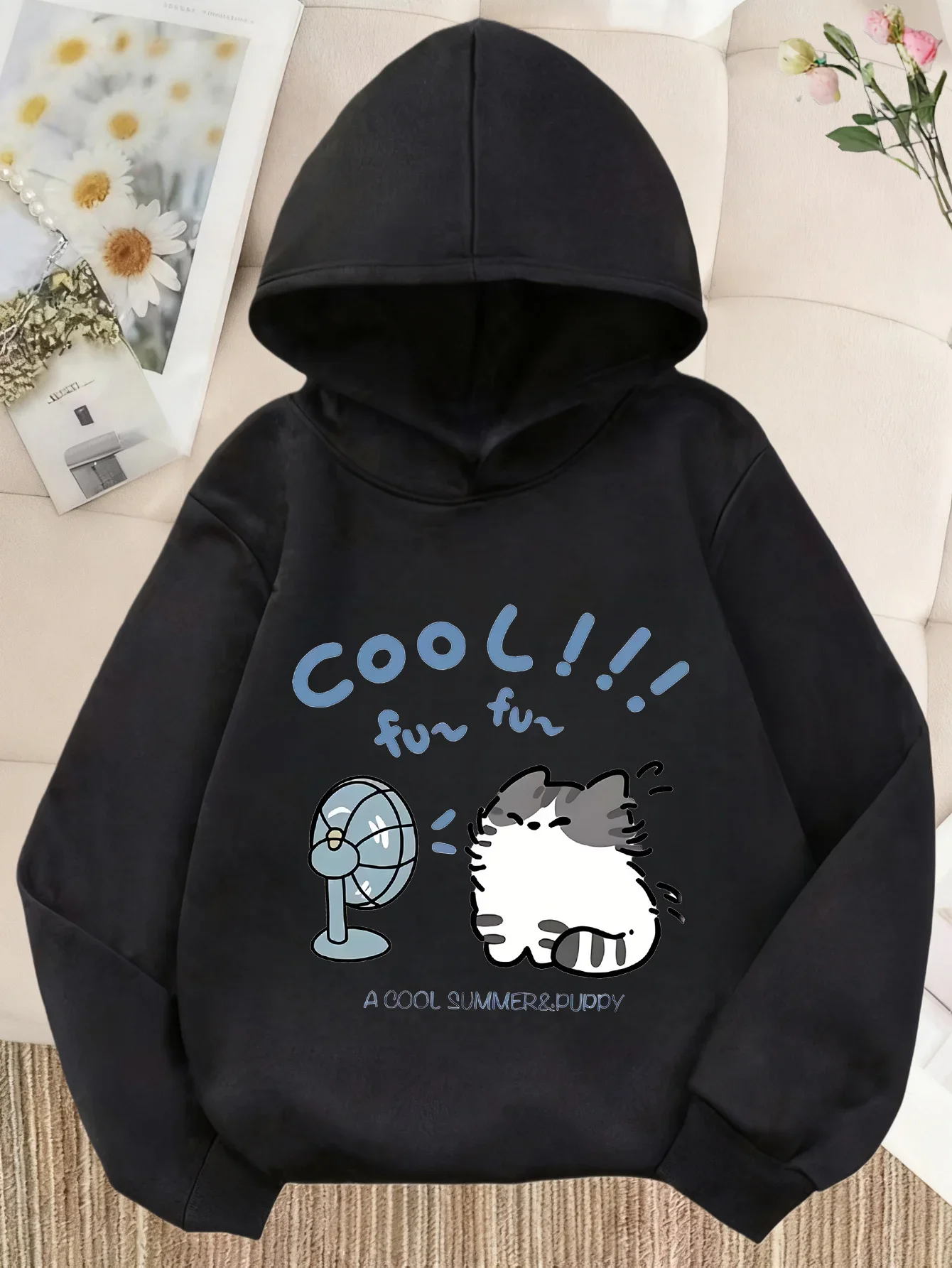 Kids Funny Cat Hoodie Autumn Winter Fleece Lined Cartoon Fan Graphic Print Long Sleeve Warm Casual Pullover Sweatshirt