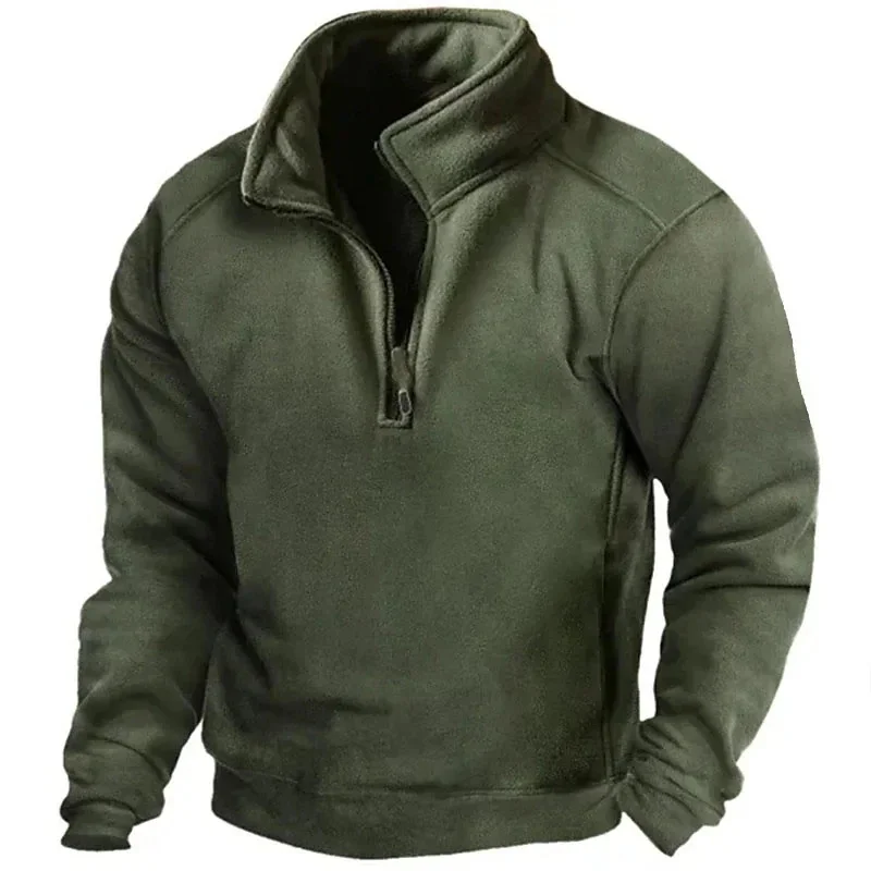 

2024 Mens Half-Zip Sweatshirts Autumn Male Stand Collar Loose Solid Color Pullover New Man Trend Casual Army Green Hoodies