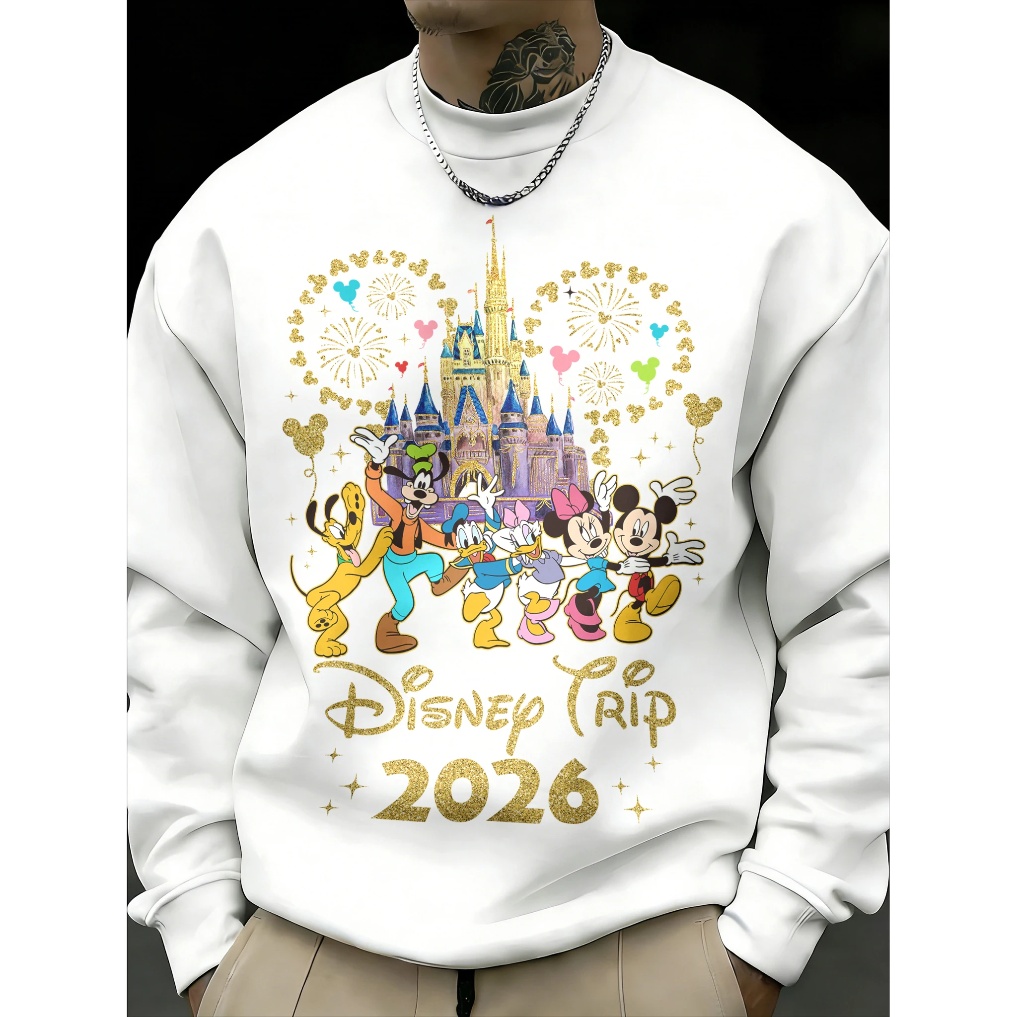 

Мужской свитер с круглым вырезом и принтом Микки Диснея, осень-зима 2026, модный, с начесом, из хлопка, теплый, свободный, повседневный, куртка-толстовка