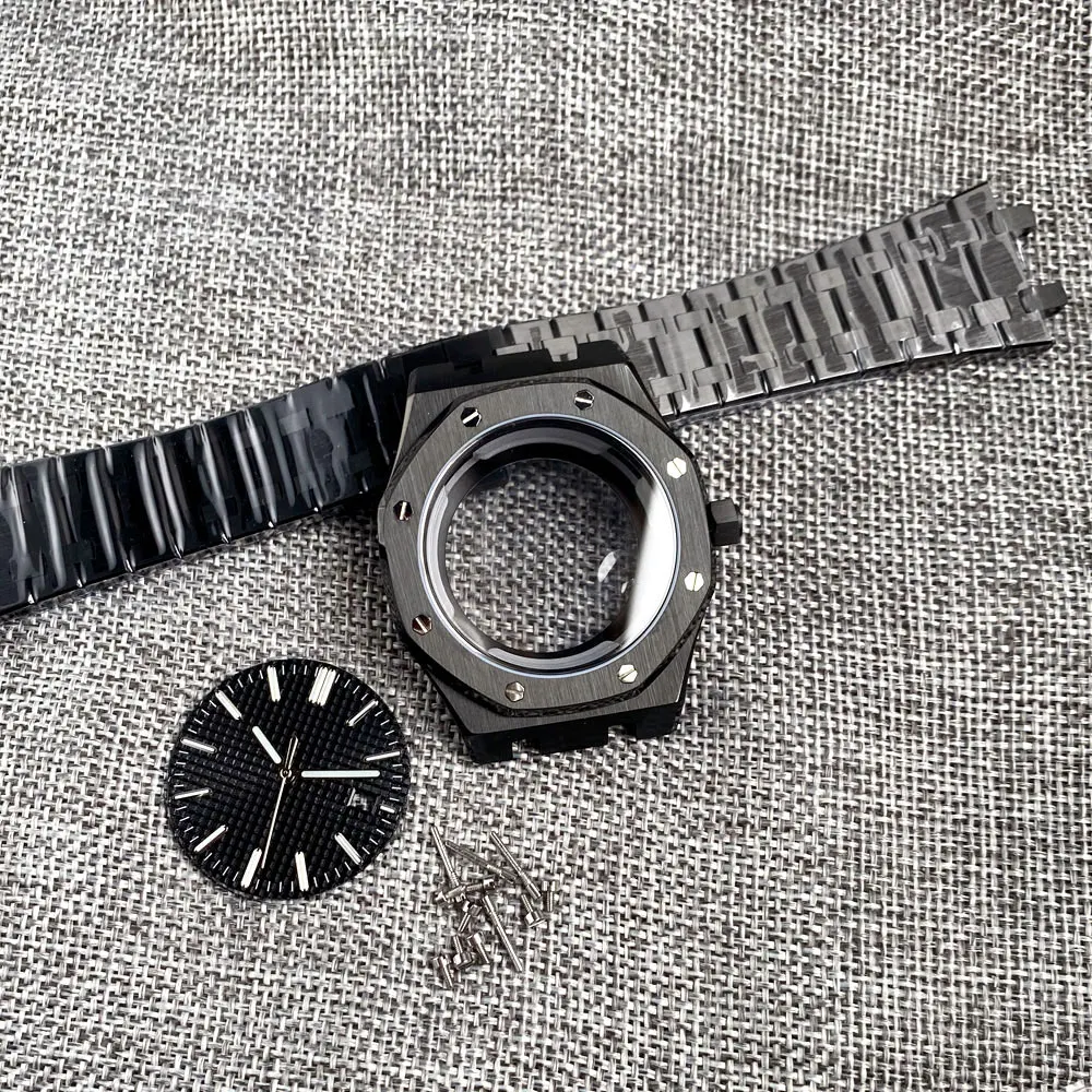Schwarze Eiche pp Achteck Uhrengehäuse 42mm für nh34 nh35 nh36 nh37 nh38 nh39 nh70 nh72 Saphirglas Zifferblatt Handset für Uhr mod