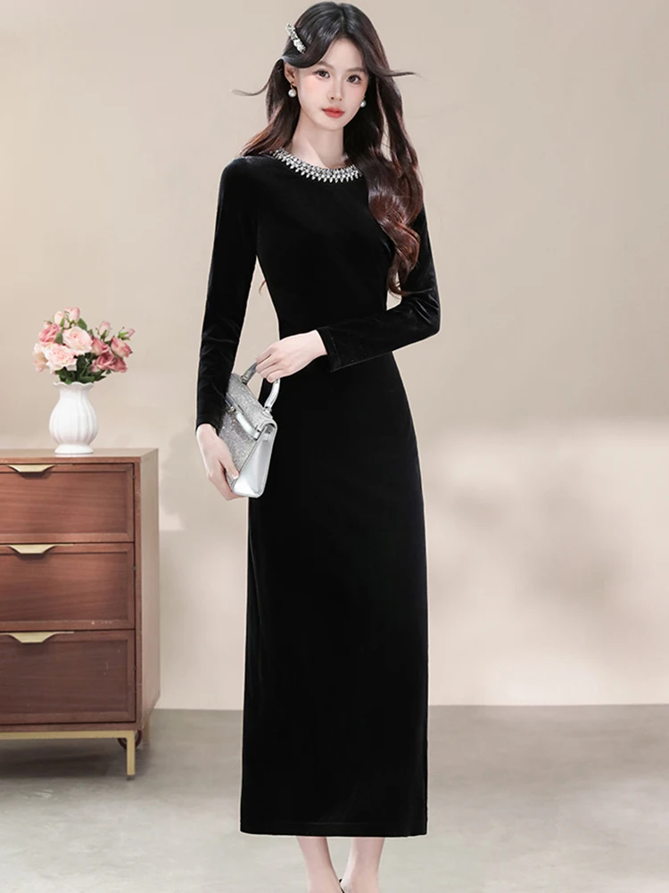 Damska Sukienka Vintage w Stylu Hepburn, Luksusowa, Długa, Jesienno-Zimowa, Czarna, Aksamitna, z Diamentami, Stójka, Sukienka Bodycon Elegancka w Stylu Koreańskim, Kolekcja 2025