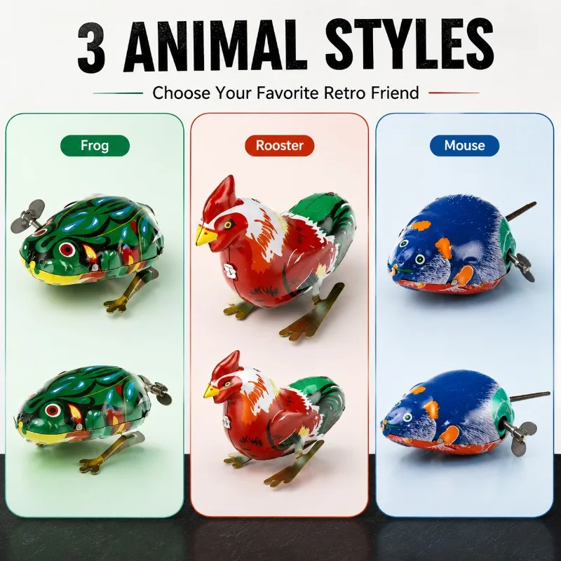 Classic Retro Wind Up Animal Toy, Tin Jumping Frog, Rat, Rooster, Nostalgic Vintage Gift for Children - view 6
