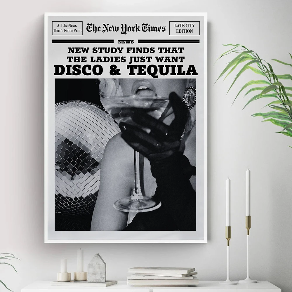 Retro Newspaper Disco Tequila Print Bar Cart Poster Trendy Dorm Room Decor Funky Wall Art Pictures Fashion Canavs Painting