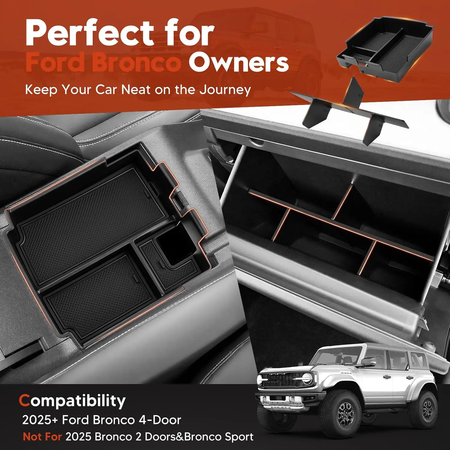 

For Ford Bronco 2025 2026 4-Door Accessories 2PCS Bronco Armrest Storage Box&Glove Box Organizer (Not for 2-Door&Bronco Sport)