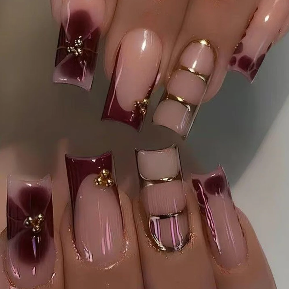 24 stuks lange doodskistvormige bloemen nagelstickers om uw modestijl te verbeteren! Franse nagelstickers, minimalistisch en chic, herbruikbaar.