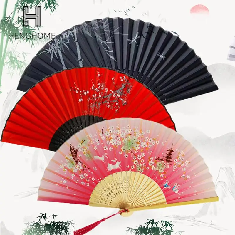 Vintage Chinese Style Folding Fan bamboo hand fan Wooden Shank Classical Dance Fan with Tassel Elegent Female Fan Home Decor