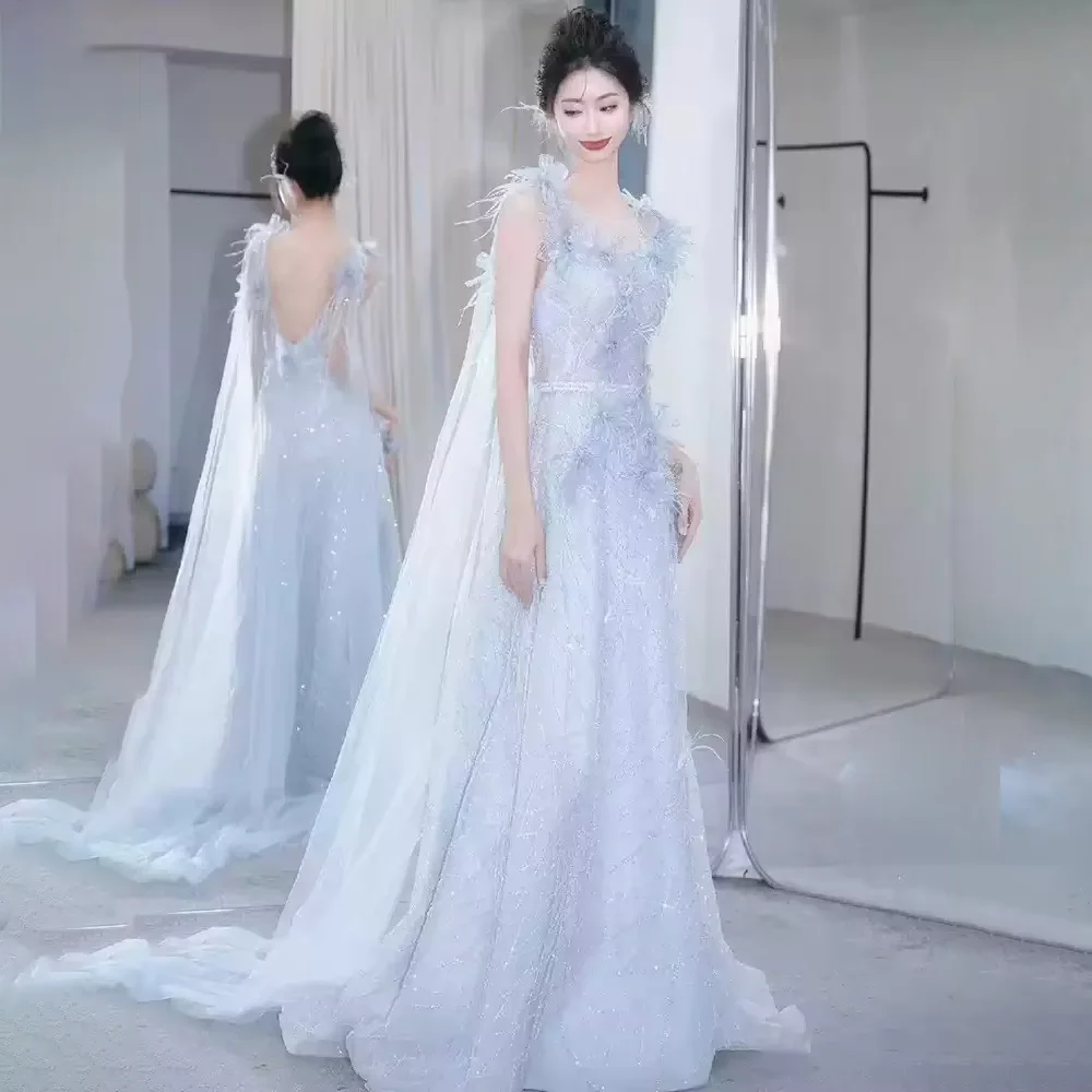 

Изысканное вечернее платье Светло-голубое блестящее платье с блестками и бусинами с открытой спиной Длинные платья для выпускного вечера Вечернее платье