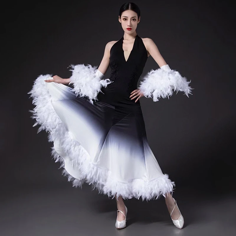 2024 White Feather Ballroom Dance Dress Women Performance Clothing Waltz Dance Costume Bubble Sleeves Tops Ballroom Skirt BL9768