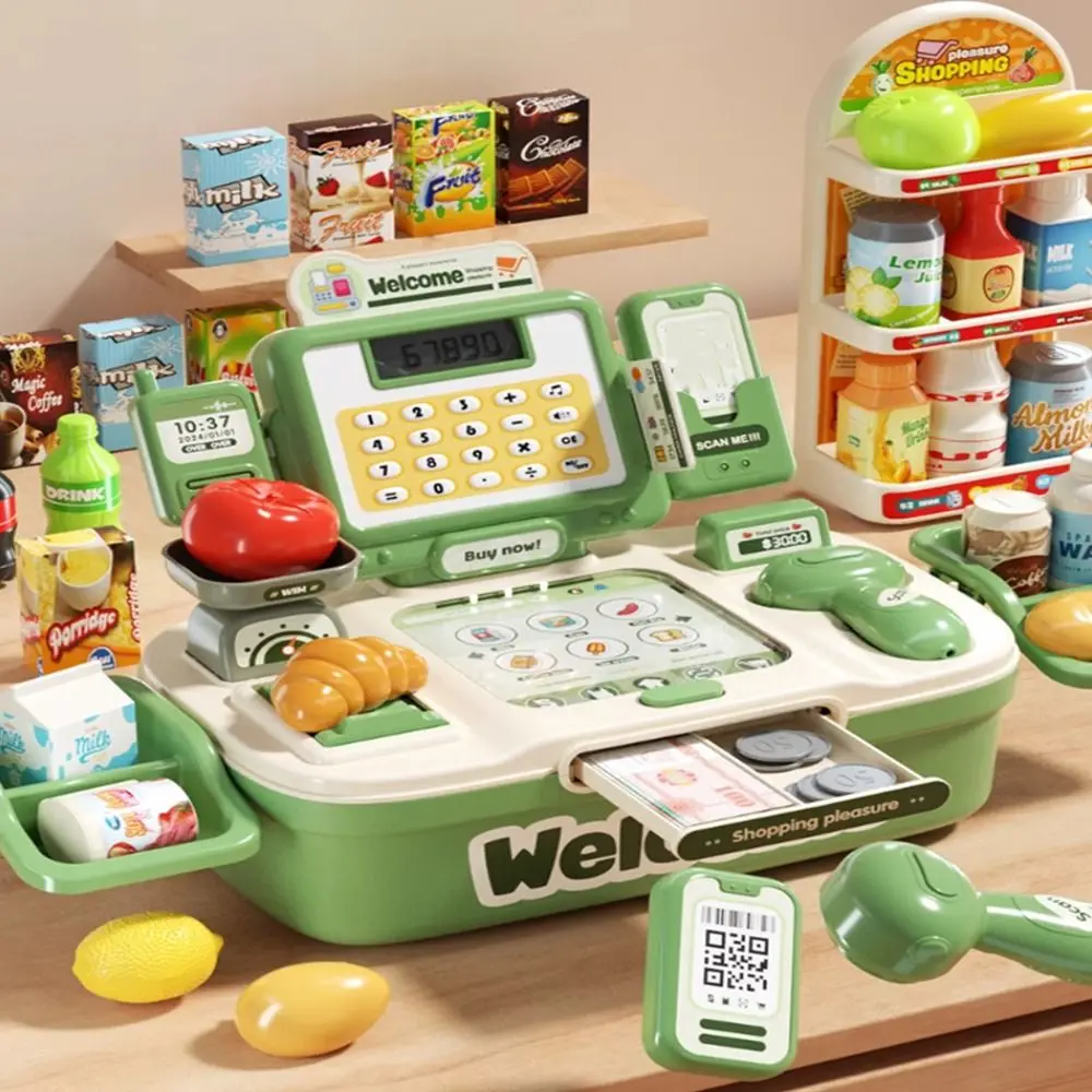 Simulation de caissier rose vert, 64 pièces, conception d'imitation, développement de l'intelligence, dépanneur, jeu interactif en plastique