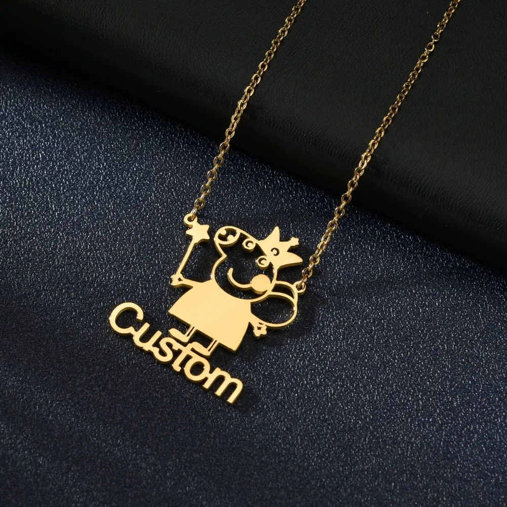 Customized Name Necklaces Personalized Jewelry Stainless Steel Nameplate Kids Pendant Cartoon Character Necklace Birthday Gifts