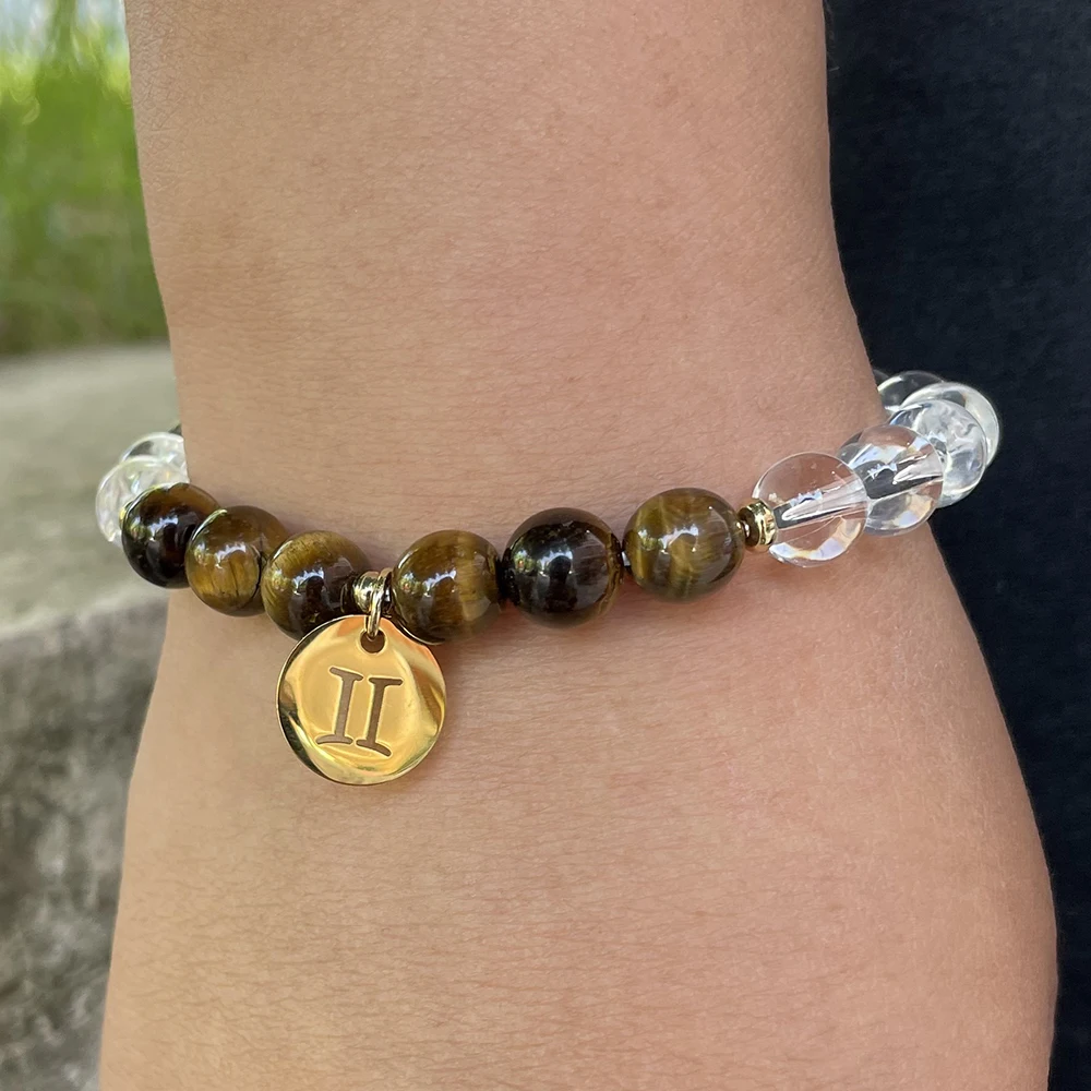 

MG1526 8 MM Tiger Eye Gemini Zodiac Bracelet Fashion Women`s Clear Quartz Gemstone Bracelet Birthday Stone Wrist Mala Bracelet