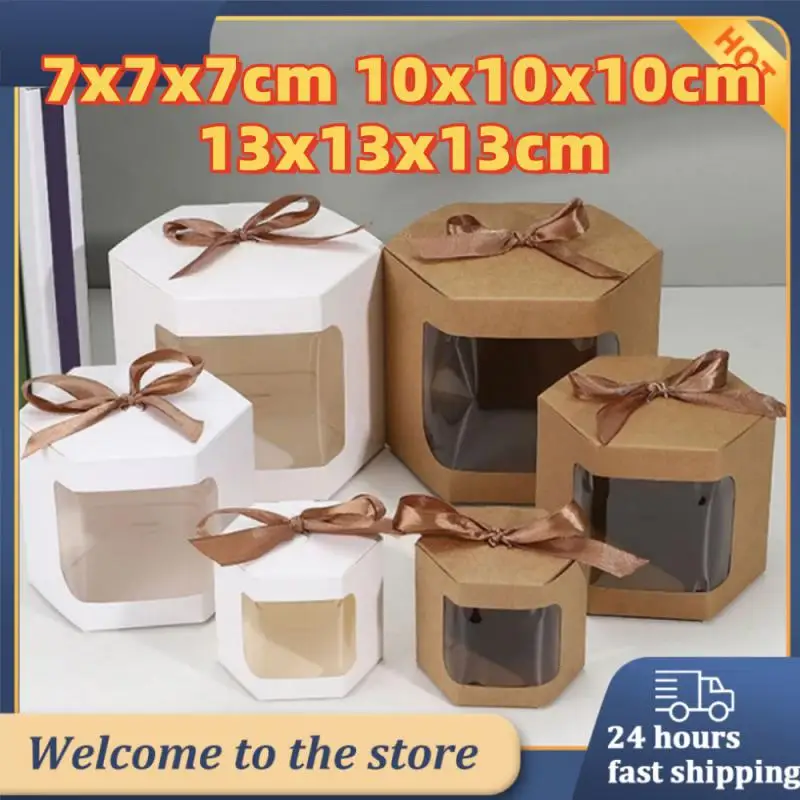 Cookies Candy Packaging Boxes Brown White Kraft Paper Ribbon Gift Box Transparent Window Wedding Party Favor Christmas Storage