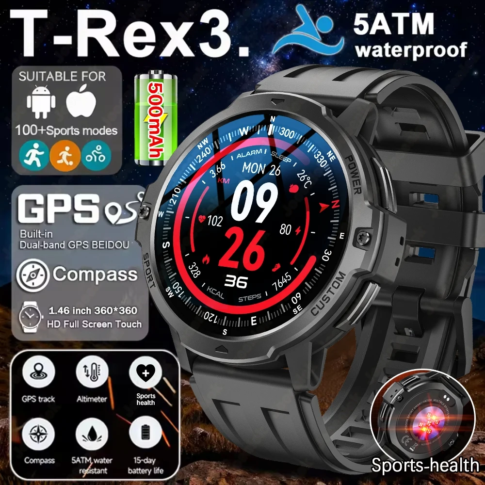 

T-Rex 3 Military Outdoor GPS Positioning Smart Watch Men's 24 Hour Sports Health Compass Altimeter 5ATM Waterproof Smartwatch