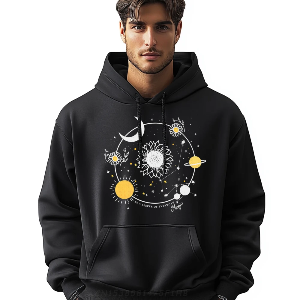

Special Mens Hoodies Round Neck Long Sleeve Celestial Mystical Luna Sunflower Moon Sweatshirt Lose Hoodies