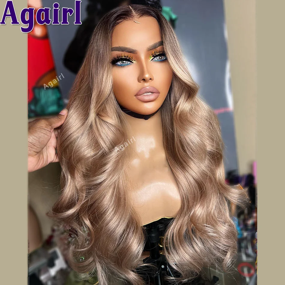 Ombre Ash Blonde Wigs Human Hair Transparent 13X6 13X4 Lace Frontal Wig Brown Roots With Ash Blonde Colored Body Wave Wig 30Inch