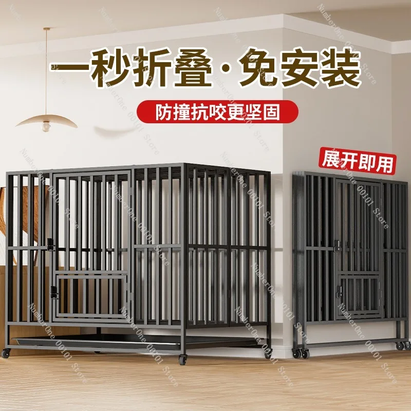 Heavy Duty Foldable Dog Crate for Large Medium Dogs Indoor Home Pet Cage Kennel with Toilet Tray Reinforced Square Tube Metal