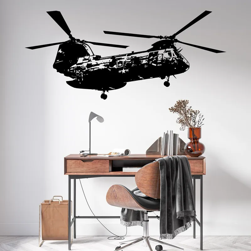 Twin-Rotor Helicopter Silhouette Vinyl Wall Decal For Teen Rooms Bedrooms Or Military-Themed Decor Removable Waterproof Mural