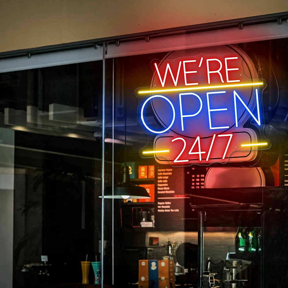 We're Open 24/7 Neon Sign Open Neon Light Welcome Sign Window Open 24/7 LED Light Shop Wall Art Restaurant Business Decoration