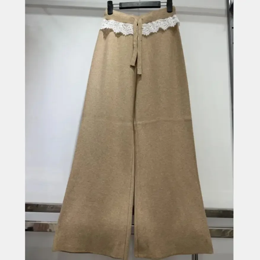 새로운 가을 니트 넓은 다리 바지 여성 캐주얼 레이스 패치 워크 탄성 허리 Drawstring 운동복 우아한 바지 의류
