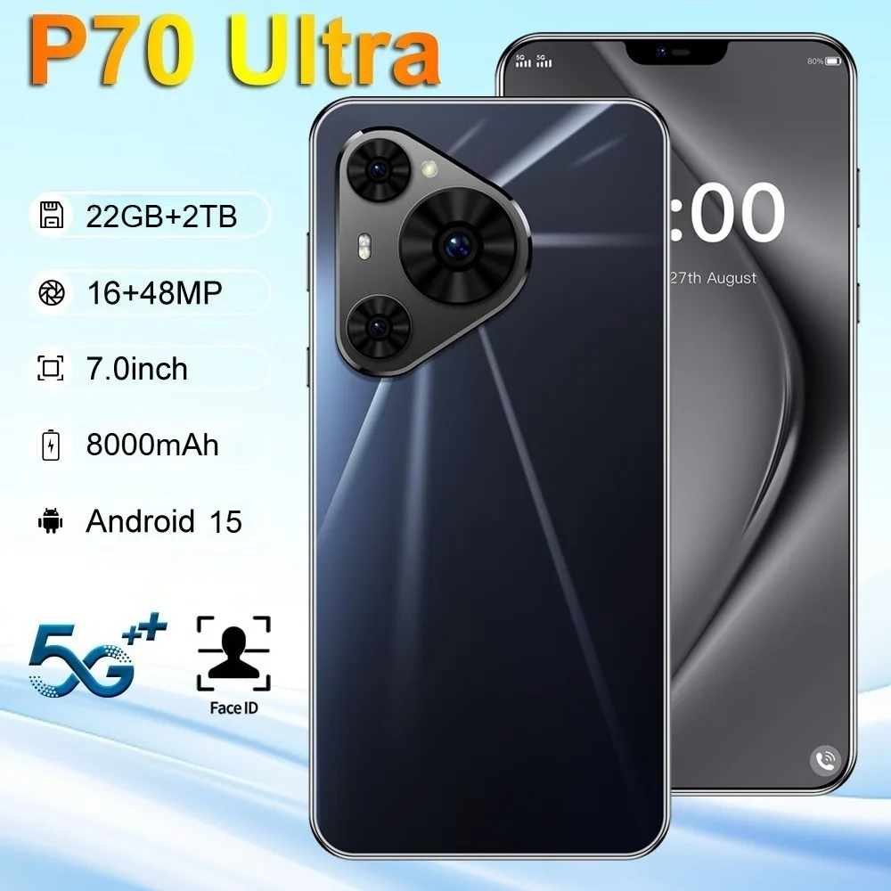 

2026 ГОРЯЧИЙ Новый P70 Ultra 7.0 HD Global Edition, оригинальный Smart 22 ГБ + 2 ТБ, 5G, двойная карта, аккумулятор 8000 мАч, функция распознавания лиц