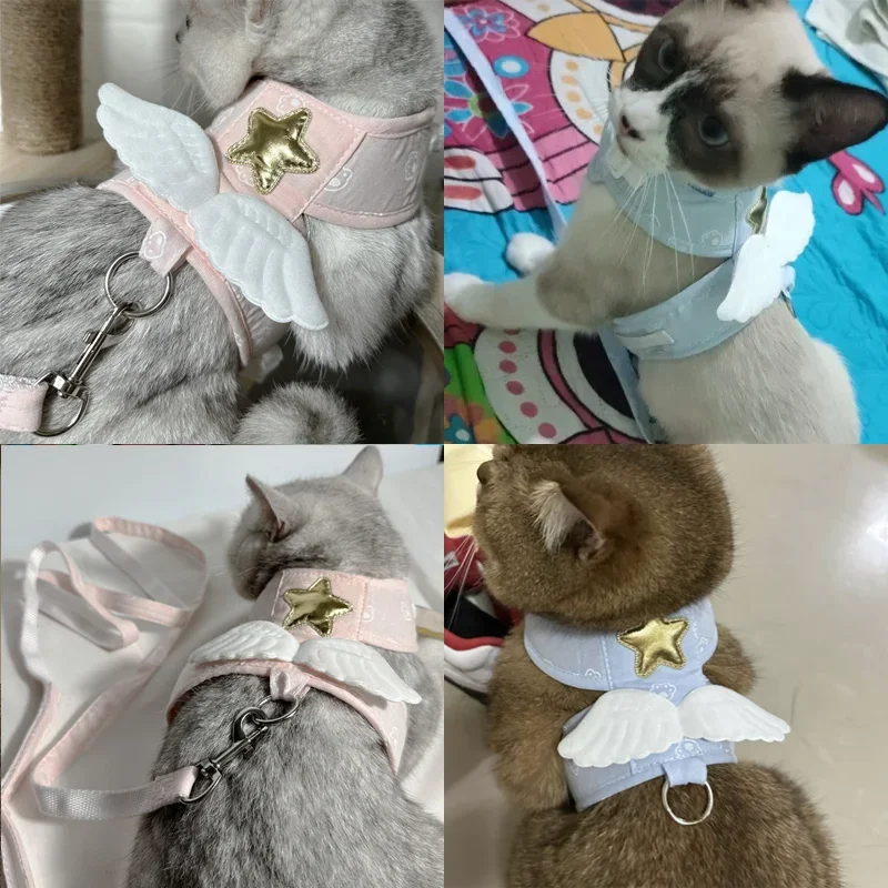 Haustier Engelsflügel Weste Geschirr mit Leine Kawaii personalisiert für Katze Hundegeschirr Halskette Zubehör Katzengeschirr Leine 4. Jahreszeit – Detail 6