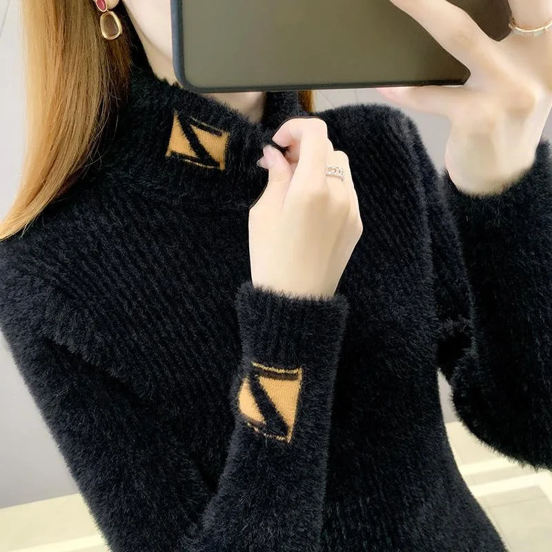 2022 Winter Elegant Chic Sweet Fashion Jacquard Slim High Collar Soft Basic Knitted Sweater for Women Casual Pullover Top Jumper