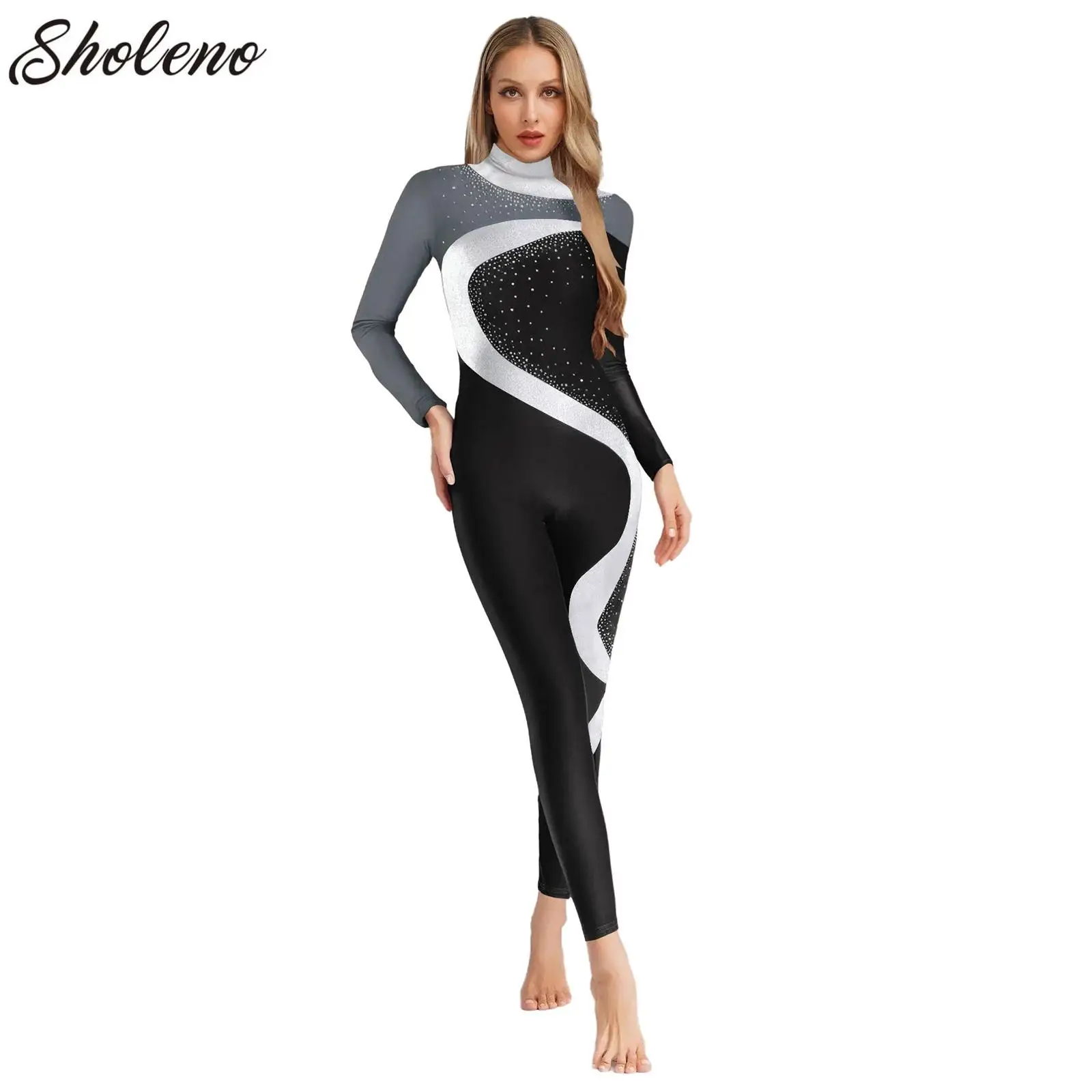 

Womens Ballet Dance Full Length Gymnastics Leotards Figure Skating Acrobatics Performance Costume Rhinestones Practice Jumpsuit