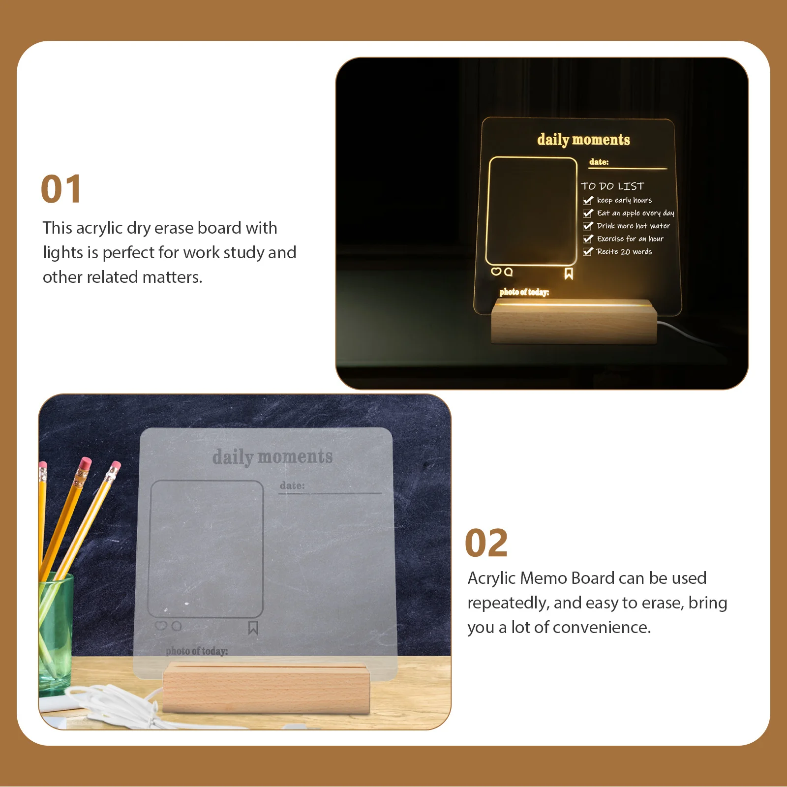 Акриловая доска для сухого стирания со светодиодной подсветкой для доски объявлений для домашнего офиса, настольного использования, многоразовая поверхность для письма граффити