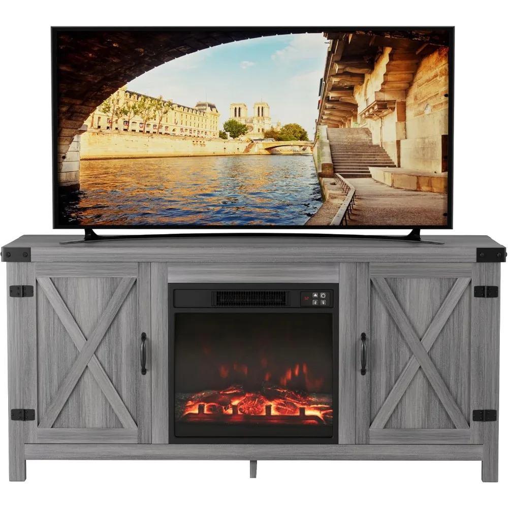 JUMMICO 暖炉付きテレビ台、ファームハウス風エンターテイメントセンター（暖炉と棚付き）、ダブルバーンドア収納キャビネット（テレビ用）