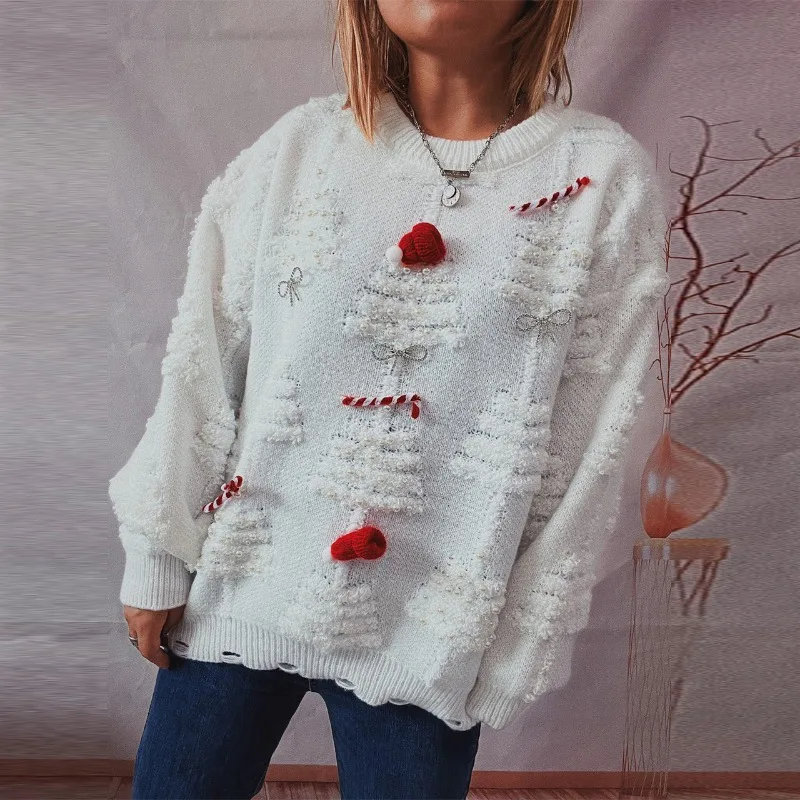 Kerst Dames Parel Trui Temperament Woon-Werkverkeer Vrouwelijke Kleding Winter 3d Decor Nieuwjaar Vrouwen Casual Gebreide Pullovers