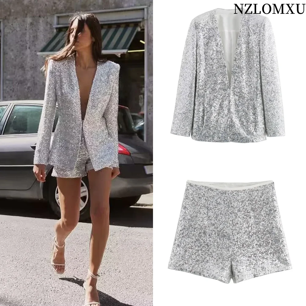 2024 Summer New Product Women\'s Fashion Casual Slim Fit V-neck Long sleeved Sequin Suit Coat High Waist Shorts Set