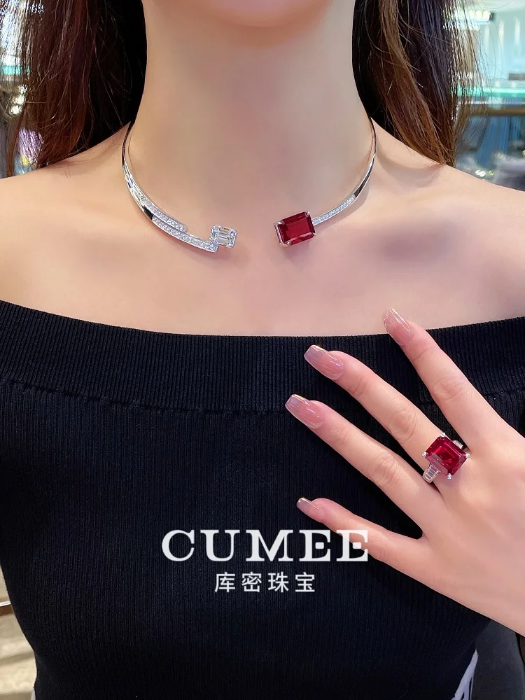 CUMEE Large Carat T-shaped Design Cultivation Synthetic Ruby Collar Necklace Open 925 sterling Silver Gold Plating