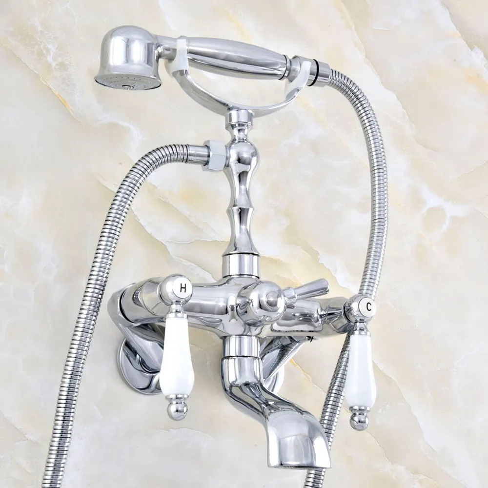 

Polished Chrome Brass Claw-foot Bathtub Faucet Wall Mounted Tub Filler Handheld Shower - Adjusts From 3-3/8" aqg421