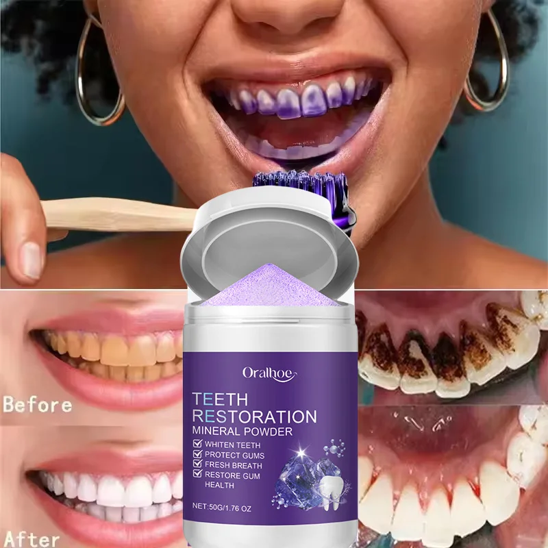 Restaurador de dientes, polvo Mineral, más blanco, elimina las manchas, limpieza Oral, aliento fresco, mejora el olor, pasta de dientes blanqueadora púrpura